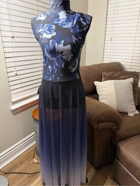Weissman Navy & Black Floral High-Neck Sheer Ombre Maxi. Lyrical.  Contemporary
